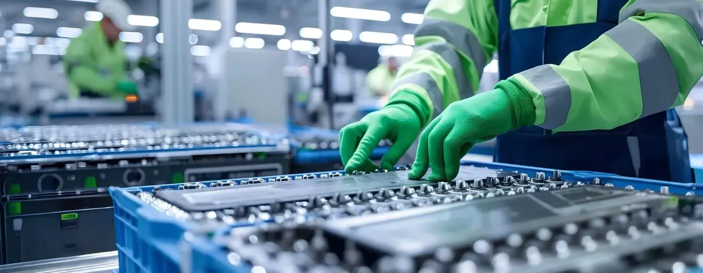 Technicien manipulant des cellules de batteries
